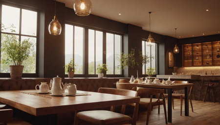 Interior of modern cafe with black walls, wooden floor, dining table with chairs and coffee tables. 3d renderingの素材