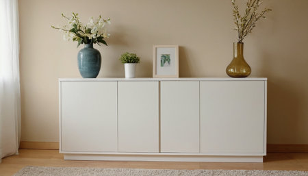White chest of drawers with vase and flowers in living roomの素材