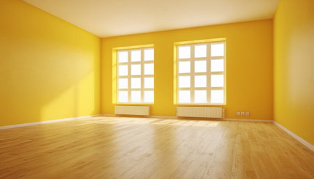 Yellow empty room with windows and wooden floor. 3D Renderingの素材