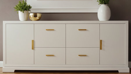 White chest of drawers with golden handles in the interior of the roomの素材