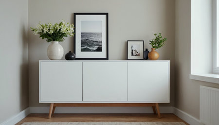 Modern scandinavian living room interior with white commode, vase with flowers and photo framesの素材