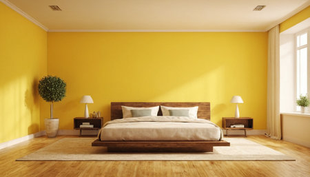 Modern bedroom interior with yellow walls, wooden floor and comfortable king size bed. 3d renderの素材