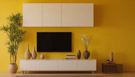 Modern living room interior with tv on yellow wall, 3d renderingの素材