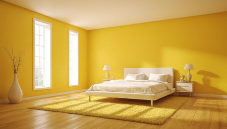 Yellow bedroom with yellow walls and wooden floor. 3d rendering.の素材