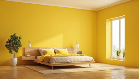 Interior of modern bright bedroom with yellow walls, wooden floor, comfortable king size bed and window. 3d renderingの素材