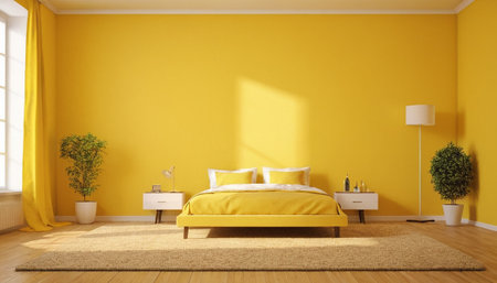Yellow bedroom with yellow walls, carpet and floor lamp - 3d renderingの素材