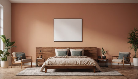 Interior of modern bedroom with beige walls, carpet, wooden floor, brown master bed with gray armchair and vertical mock up poster frame. 3d renderingの素材