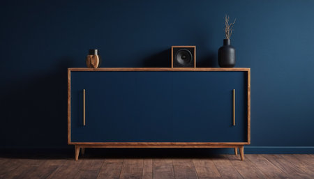 Interior of modern living room with dark blue wall and wooden commodeの素材