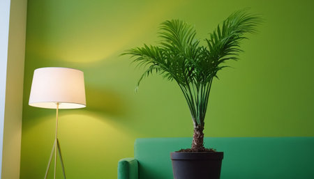 Green living room with a green sofa, a lamp and a plantの素材