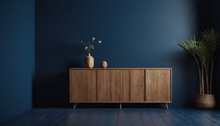 Interior of modern living room with dark blue wall and wooden cabinet. 3d renderingの素材