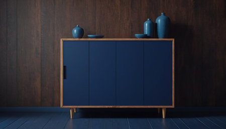 Interior of modern living room with blue cupboard and wooden wallの素材