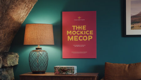 Interior of a hotel room with a desk lamp and a pictureの素材