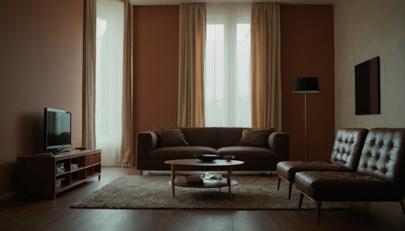 Interior of a living room with a brown sofa and a TVの素材