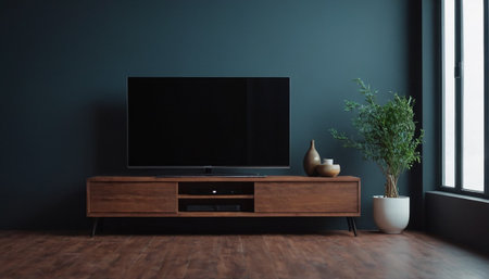 TV on the wooden cabinet in modern living room. 3d renderingの素材