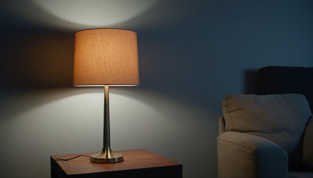 Lamp on a table in a dark room with armchair.の素材