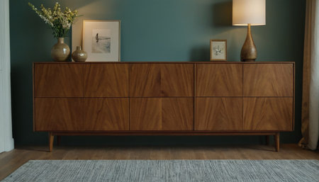 Interior of a modern living room with a wooden chest of drawersの素材