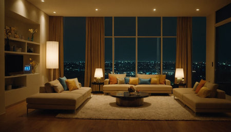 Living room interior with a panoramic view of the city at nightの素材