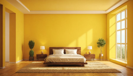 Interior of modern bedroom with yellow walls, wooden floor, comfortable king size bed and two lamps. 3d renderingの素材