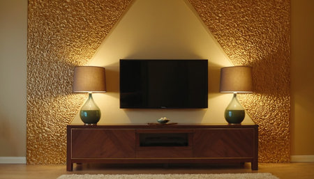 Interior of a living room with a TV set and two lampsの素材