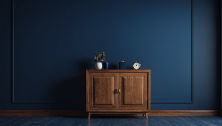 Interior of modern living room with wooden commode and dark blue wall. 3d renderの素材