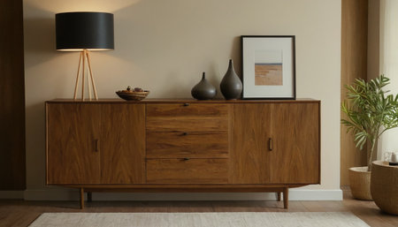 Wooden chest of drawers in living room, 3d renderの素材