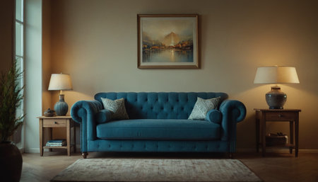 Interior of a living room with a blue sofa and a lampの素材