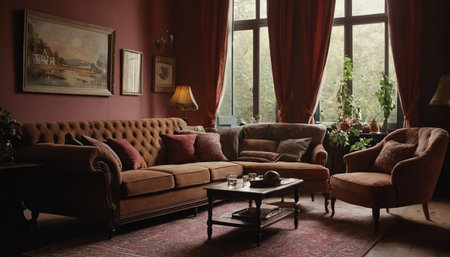 Interior of a living room with brown leather sofa and armchairsの素材