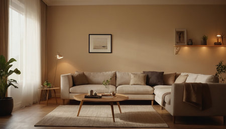 Interior of modern living room with sofa, coffee table and lampの素材