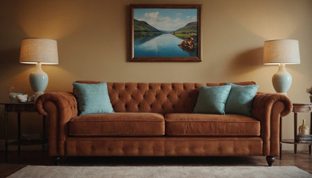 Modern living room interior with brown sofa, lamp and picture on wallの素材