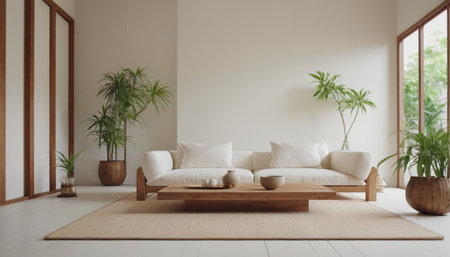 Yellow armchair and vase with flowers on carpet in living roomの素材
