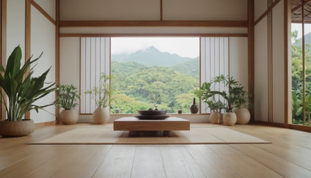 Japanese style living room with natural landscape view. 3d rendering.の素材