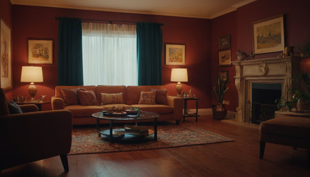 Interior of a living room with a brown sofa and a fireplaceの素材