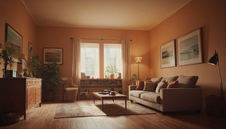 Interior of a living room with a couch and a coffee tableの素材