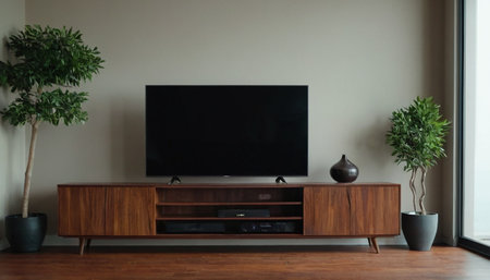 Interior of living room with tv set and plant on wooden floorの素材