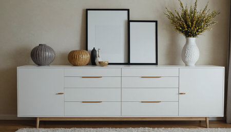 White chest of drawers in modern living room interior with mock up poster frameの素材