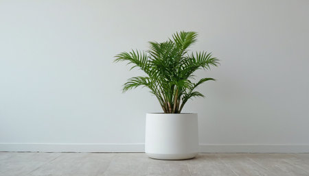 Houseplant in a white pot on the floor against a white wallの素材