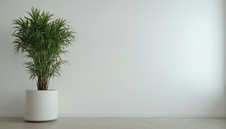 Indoor plant in white vase on white wall background. Copy spaceの素材