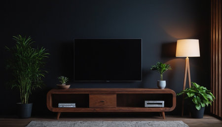 TV on cabinet in modern living room at night. 3d renderingの素材