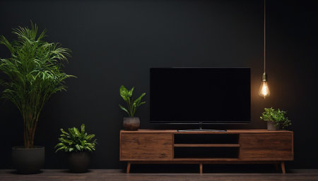 TV on the wooden cabinet in the dark room. 3d renderingの素材