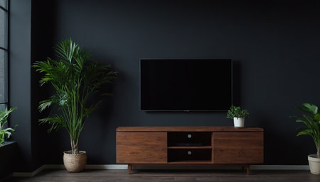 TV on wooden cabinet in modern living room. 3d rendering.の素材