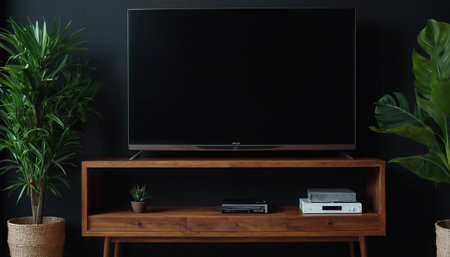 TV on a wooden table in the living room. 3d renderingの素材