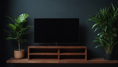 TV on wooden shelf with green plant in pot on black wall backgroundの素材