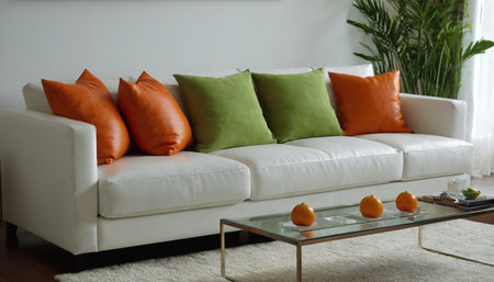 Modern living room interior with sofa and orange pillows, closeupの素材