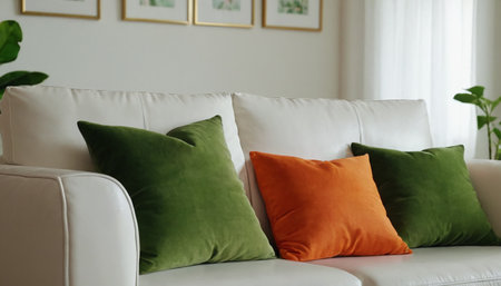 Colorful pillows on sofa in living room, closeup. Interior designの素材