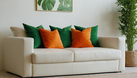 Interior design modern living room with white sofa and orange pillowsの素材