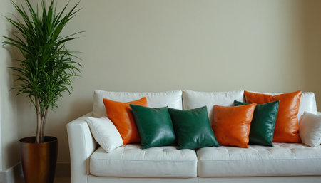 Interior design modern living room with white sofa and orange pillowsの素材