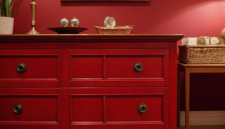 Red chest of drawers in the interior of a room with red wallsの素材