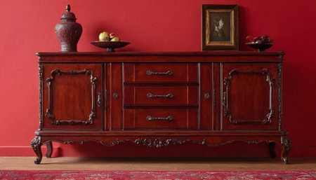 Antique chest of drawers on a red wall with two picturesの素材