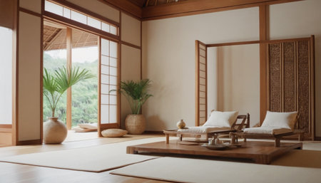 Interior of japanese room with tatami mat and armchairsの素材