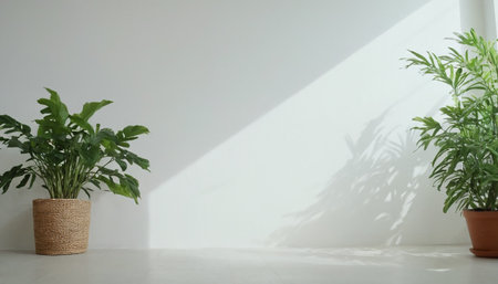 Interior of a living room with plants in a vase and a white wallの素材